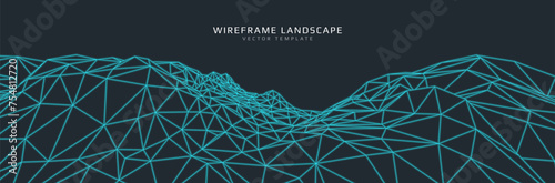 Wireframe landscape. Futuristic 3d mesh background. Digital polygonal hills technology. Vector illustration.