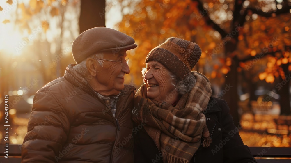 Cinematic shot of elderly couple sitting on the bench and laughing together in the park with divine lighting, Generative AI Cinematic shot of elderly couple sitting on the bench and laughing together in the park with divine lighting, Generative AI