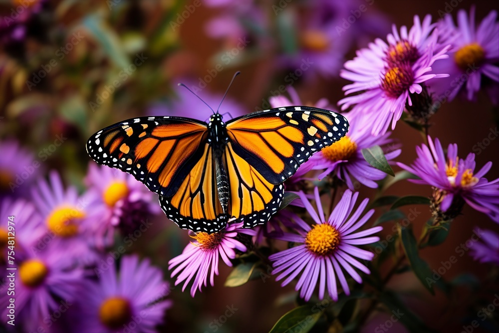 Fototapeta premium Monarch Butterfly Perching on Purple Wild Asters. 