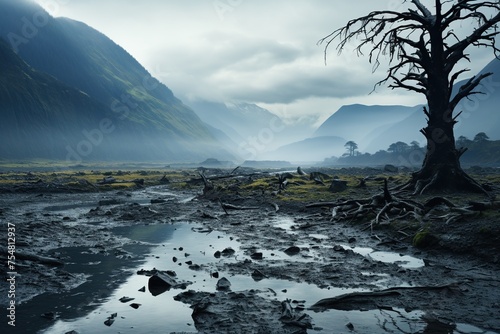 Mystic Valley with Dead Tree and Mountain Fog. 