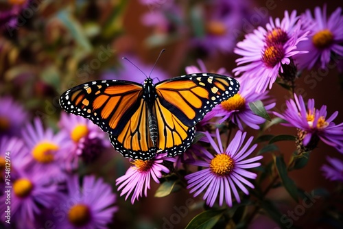 Monarch Butterfly Perching on Purple Wild Asters. 