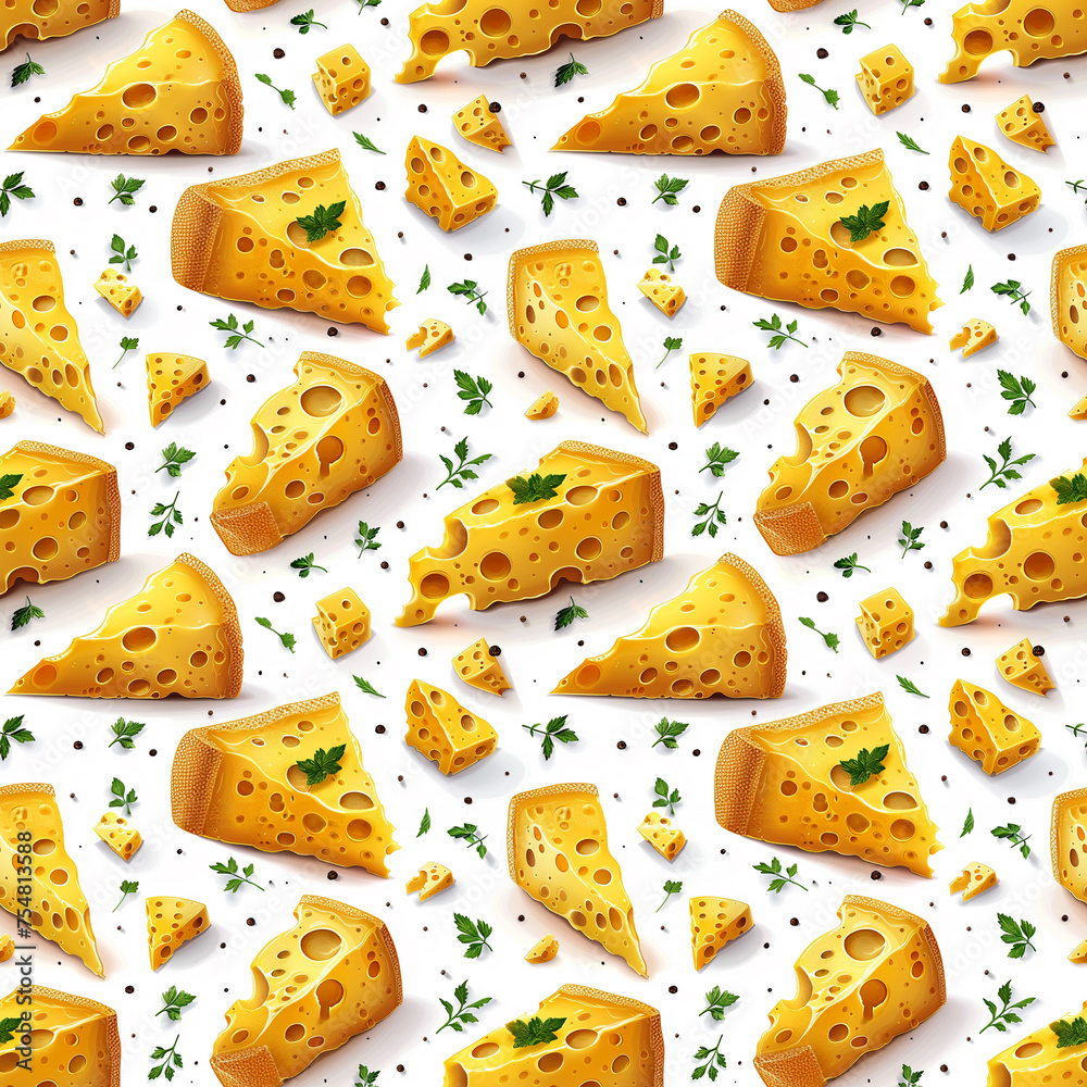 Seamless food pattern in vector style with pieces of cheese Seamless food pattern in vector style with pieces of cheese