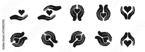 charity icon set. hand with heart. flat design vector illustration isolated on white background.
