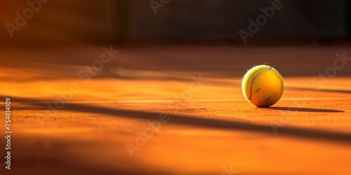 Close-up of a yellow tennis ball on the textured surface of a clay court under golden sunset light. © tashechka