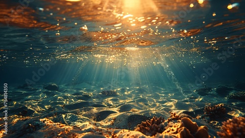 Tranquil underwater texture, with light filtering through water, creating a serene ambiance © akarawit