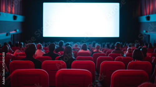 Audience seated in red chairs facing a blank wide cinema screen, engrossed in anticipation, the dimly lit hall sets the stage for an immersive movie experience