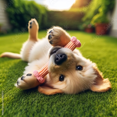 An adorable puppy is lying on its back on the grass, playfully raising its paws, radiating joy and innocence with its big, dark eyes.