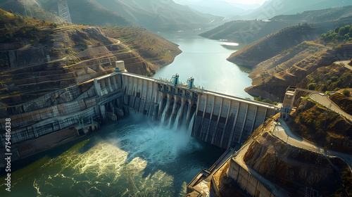 water dam view from above, renewable energy, aerial landscape photo