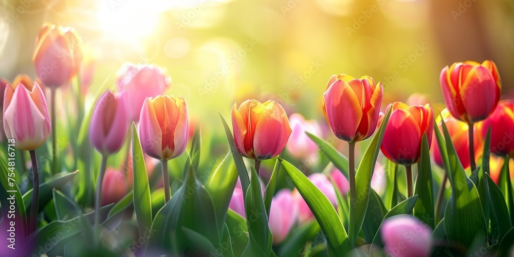 Vibrant tulips flowering under a golden sunrise in a spring meadow.