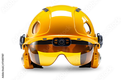 Yellow Construction Helmet With Attached Safety Glasses Isolated on White Background photo