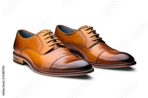 A pair of stylish brown mens shoes placed on a plain white background. Isolated