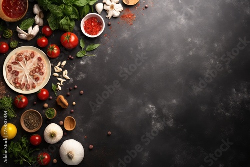 Ingredients for cooking pizza on dark background. Top view