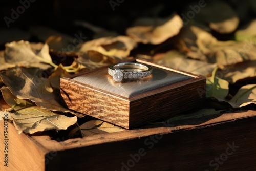 Wedding rings on wooden box with autumn leaves, closeup