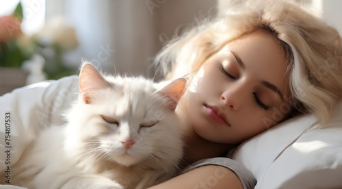 a young blond model sleeping with white beautiful cat on her pillow. concept peace of mind