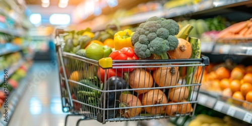 Colorful fresh produce fills a shopping cart in a well-lit supermarket aisle, showcasing healthy food shopping.