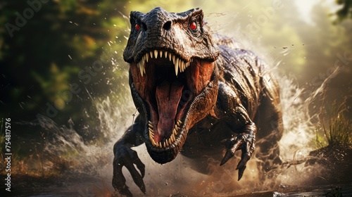 Dinosaur Tyrannosaurus Rex running in the forest.