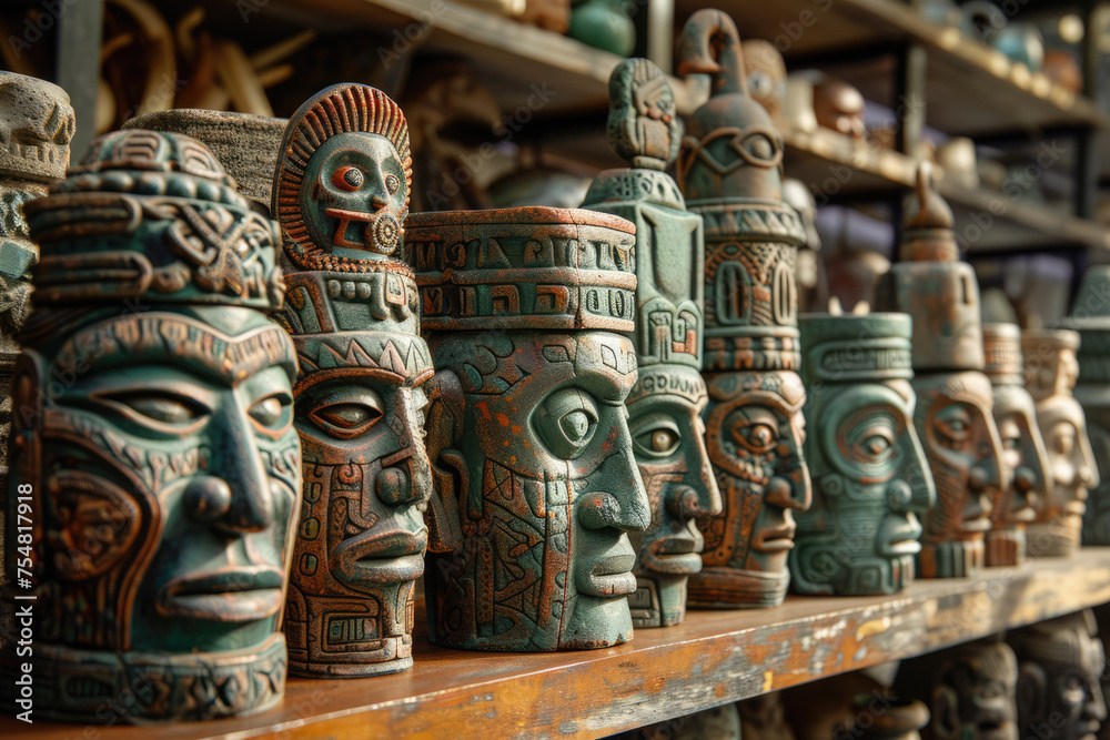 Obraz premium Antique cultural artifacts, stone heads