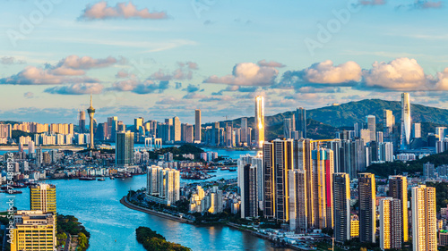 Aerial view of Zhuhai and Macau city skyline with modern buildings scenery at sunset