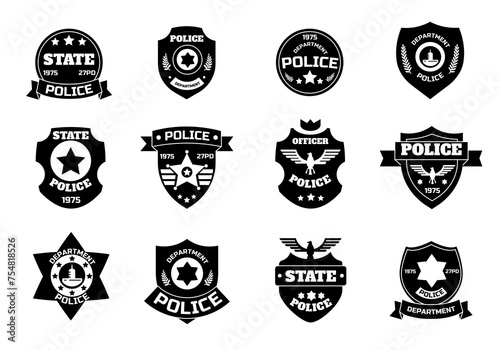 Police black symbol. Cop badge with shield and sheriff star, law enforcement officer patch insignia. Vector federal police department emblem collection