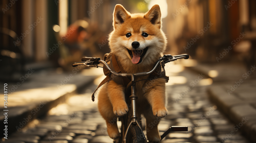 Fototapeta premium Joyful corgi dog riding a miniature bicycle on a quaint city street, showcasing humor and whimsy.