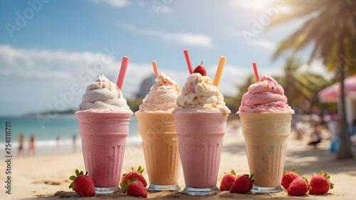 Uma sorveteria grande com diversos sorvete e milkshake e refrigerante, na praia 8k photo