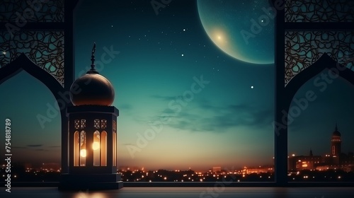 Islamic greeting cards for Muslim holidays with a Ramadan Kareem background, featuring Eid Mubarak wishes and a lantern against a mosque window backdrop.