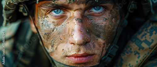 Portrait of Ukrainian soldier. War between Ukraine and Russia. photo