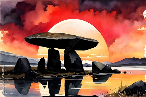 Ancient stone pillars sunset painting