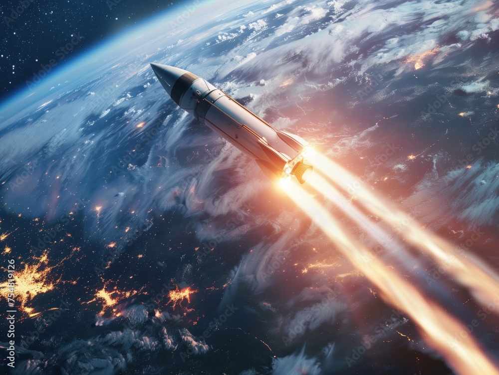 Rocket flying into space, with the earth visible in the background. Rocket flying into space, with the earth visible in the background.