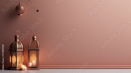 Luxurious Islamic decoration background with lantern, crescent moon, and various celebrations, offering copy space.