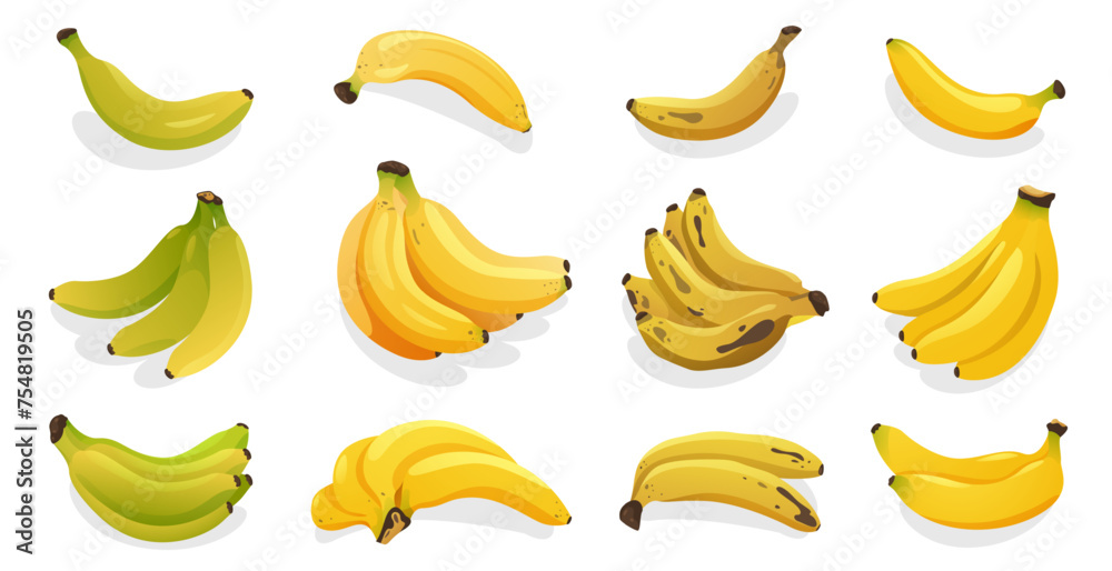 Whole banana fruits. Cartoon sweet yellow fruit with peel, bunch of organic tropical fruit with leaves, healthy vegetarian food. Vector isolated set