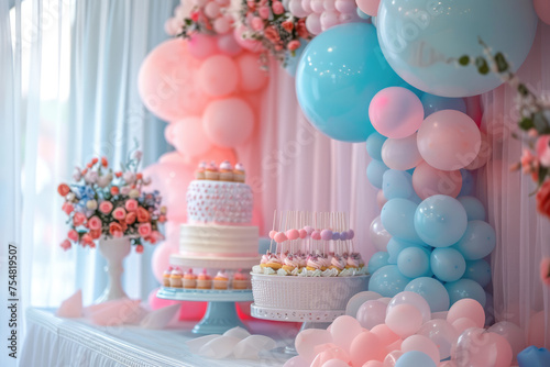 Gender party room decorated with pink and blue balloons