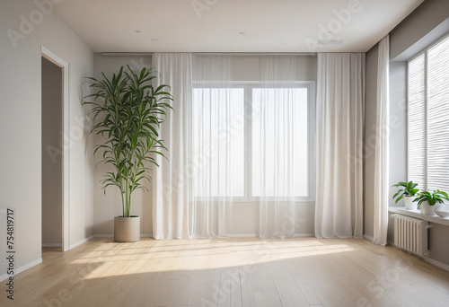 Room Empty Background A Plant Mockup interior room with curtain an plant in front
