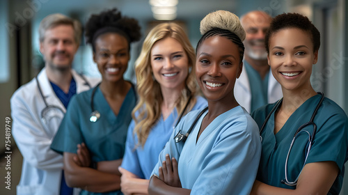 Diverse group of happy healthcare professionals posing together photo