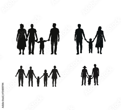 A collection of families holding hands Silhouette vector illustration on a white background
