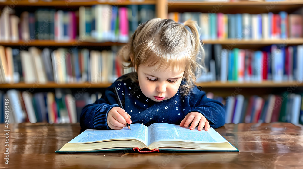 A genius toddler browses a book Little girl can read books before entering school, surrounded by shelves of colorful literature in a library setting.
A genius toddler browses a book Little girl can read books before entering school, surrounded by shelves of colorful literature in a library setting.