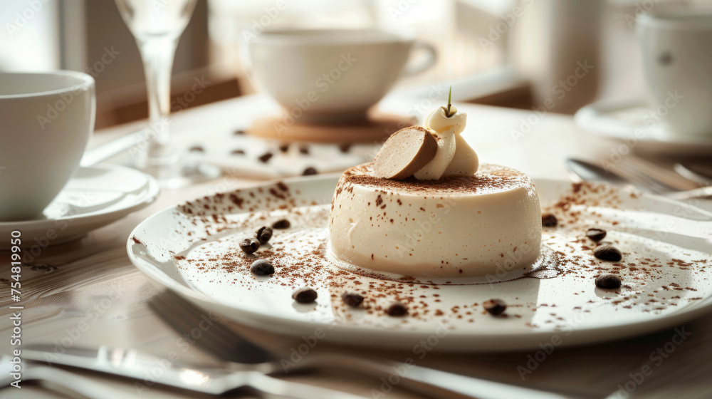 An elegant panna cotta dessert is sprinkled with coffee beans, presented on a white plate with a clean setup An elegant panna cotta dessert is sprinkled with coffee beans, presented on a white plate with a clean setup