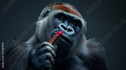 The monkey is holding red lipstick in his hands. Parody of beauty advertising with a gorilla photo