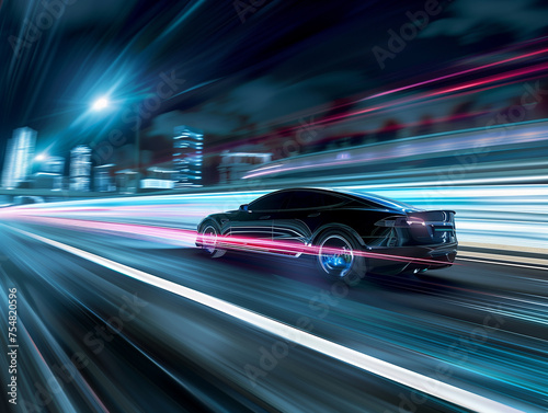 Modern electric car on highway at night - A motion blur photo fast car © ICHI-E