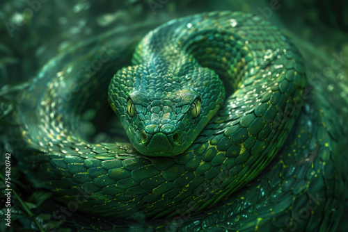 Green snake resting close up