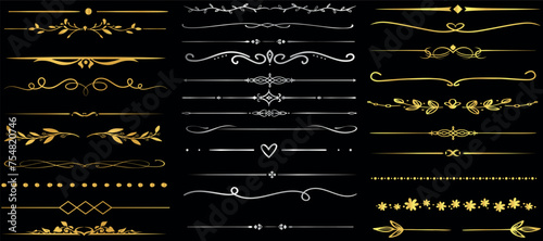 Golden line borders on a black background. Perfect divider for luxury design projects, invitations, and certificates. Enhance aesthetics with these intricate border, ornamental detail photo