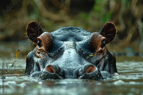 hippopotamus swimming in a river or lake close-up © Michael