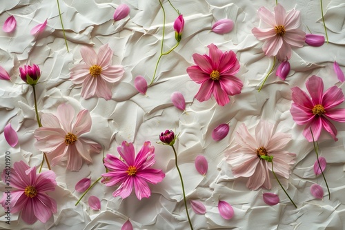 Assorted Pink Cosmos Flowers Scattered on a White Textured Background for Springtime Designs