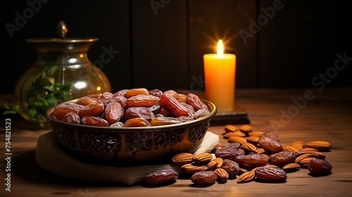 Ramadan Kareem and iftar Muslim food holiday concept featuring a bowl of dried dates and lanterns with candles, presenting ideas for celebration.