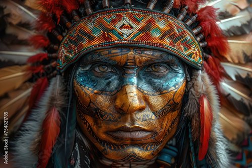 A man in makeup and with feathers on his head in the style of an ethnic North American © Michael