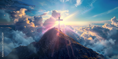 sunrise in the mountain with a cross.  photo