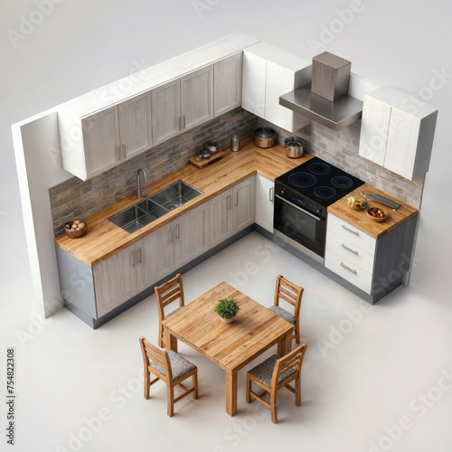 Isometric 3d scene of kitchen set with range kitchen hood and kitchen table. 