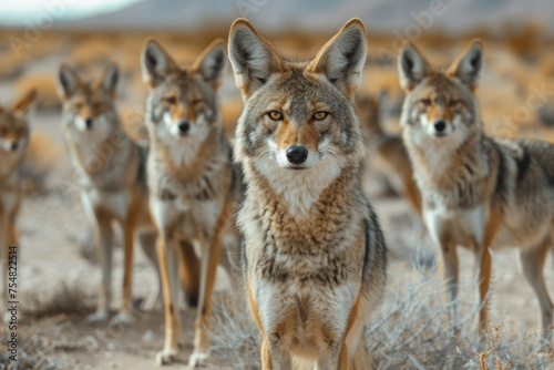 pack of wild coyotes in the desert