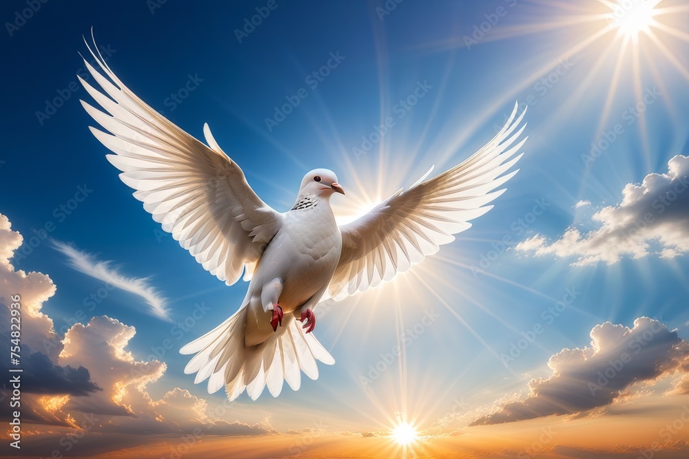 white dove flying on sky in beautiful sunset light for freedom concept