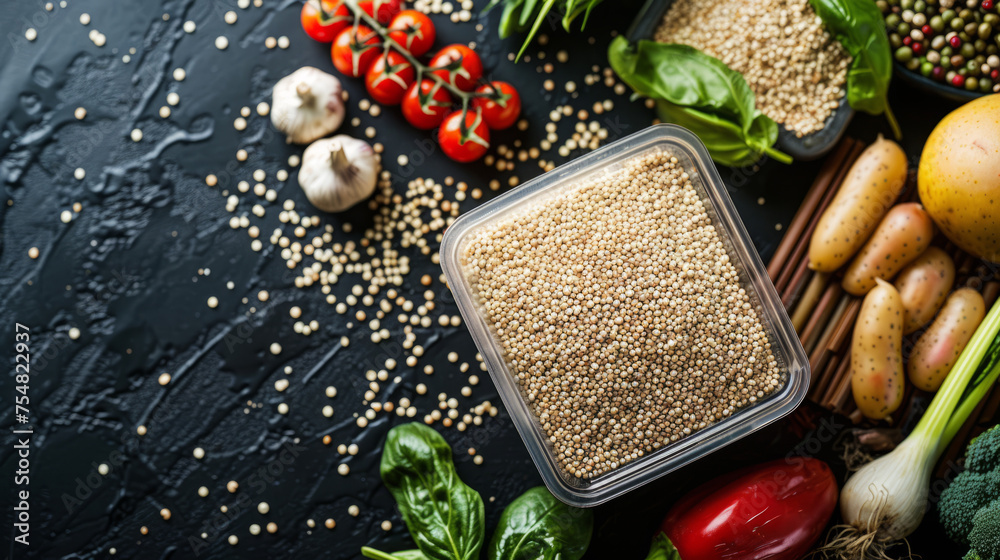 A container of quinoa surrounded by various fresh vegetables arranged on a dark, slate background A container of quinoa surrounded by various fresh vegetables arranged on a dark, slate background